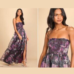 Lulus Wonderful Waltz Purple Floral Print Strapless Bustier Maxi Dress M
